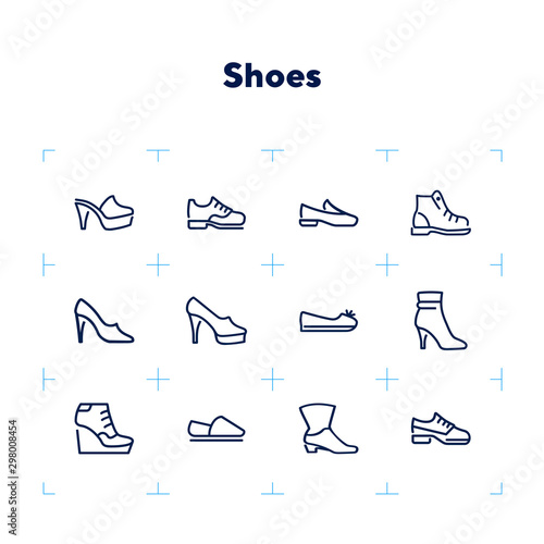 Shoes line icon set. Set of line icons on white background. Cowboy boot, espadrille, high heel shoes. Fashion concept. Vector illustration can be used for topics like clothing, fashion, shoes