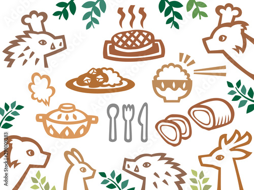 森のレストラン　動物達と料理の切り絵風イラストセット