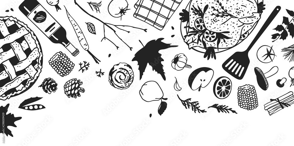 Hand drawn autumn holidays illustration. Creative ink art work. Actual vector black and white drawing. Thanksgiving Day set: food, drinks, things Hand drawn autumn holidays illustration. Creative ink art work. Actual vector black and white drawing. Thanksgiving Day set: food, drinks, things