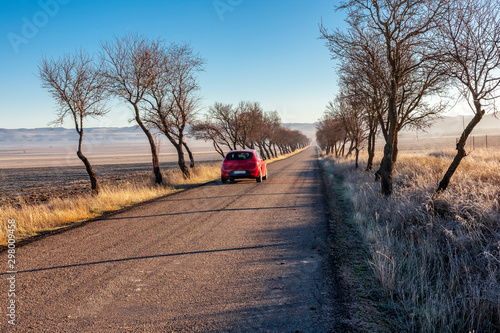 Coche rojo en la carretera a Extremera en un día con neblina. Madrid.. España. Europa. photo