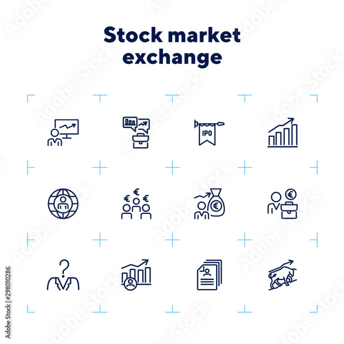 Stock market exchange line icon set. Growth chart, trader, investor, portfolio. Finance concept. Can be used for topics like analysis, investment, head hunting, trade