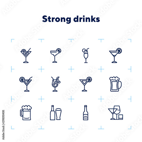 Strong drinks icons. Set of line icons on white background. Beer bottle, martini, margarita cocktail. Alcohol concept. Vector illustration can be used for topic like drinks, bar, menu