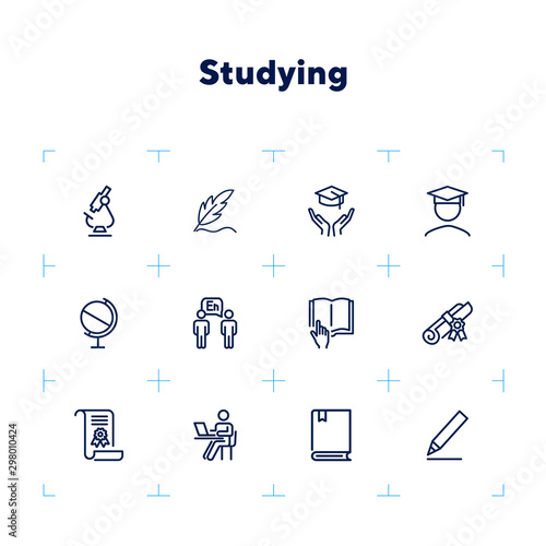 Studying line icon set. Microscope, graduation hat, book, diploma. Education concept. Can be used for topics like school, college, university, learning