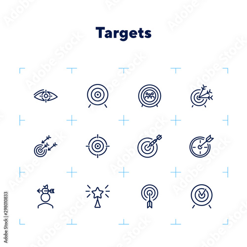 Targets line icon set. Accomplished goal, archery range, award winning. Goal concept. Can be used for topics like focus, goal achieving, darts