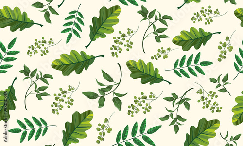 Beautiful pattern seamless of green leaves. Hand drawn style fresh rustic eco. Vector decorative cute elegant illustration isolated white background