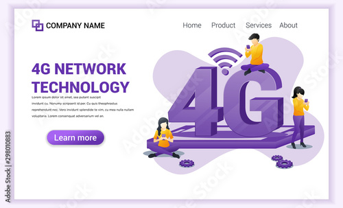 4G network technology concept. Internet systems telecommunication service. People sitting and standing using High speed wireless connection 4G via mobile phone. Flat vector illustration