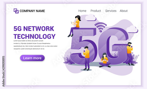 5G network technology concept. Internet systems telecommunication service. Characters using High speed wireless connection 5G. Flat vector illustration
