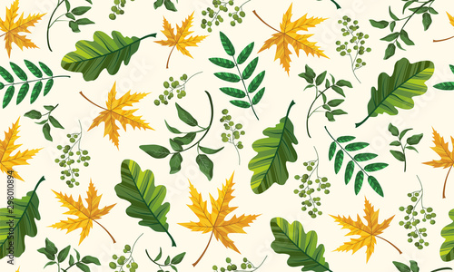 Beautiful pattern seamless of yellow and green leaves. Maple and oak. Hand drawn style fresh rustic eco. Vector decorative cute elegant illustration isolated white background