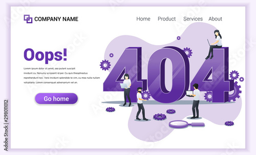 Error 404 page not found concept with people working on laptops searching and trying to fix errors. Can use for web banner, infographics, landing page, website template. Flat vector illustration