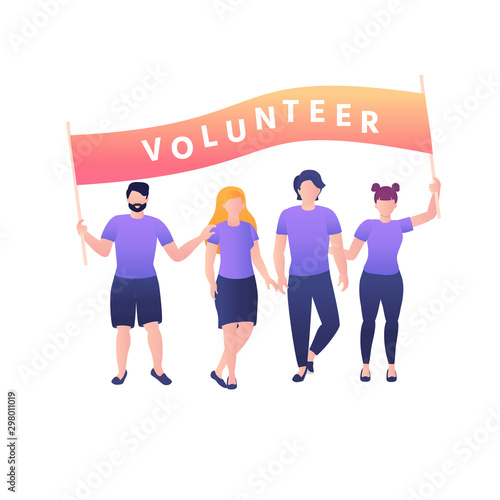 Volunteers concept. Vector illustration with Group of Volunteers standing  together. Charity.