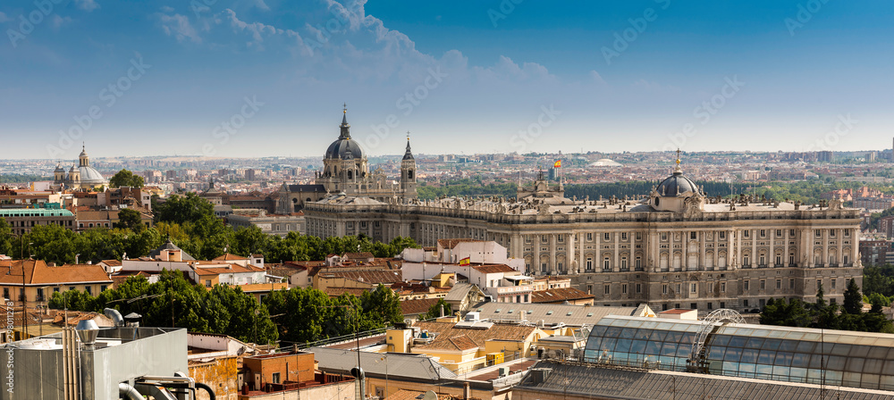 View of the Almundena Cathedral, the Royal Palace and the Madrid skyline 
