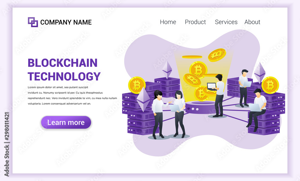Obraz premium Block chain technology concept with people working on laptop. Mining Industry Cryptocurrency. Can used for Web banner, landing page, web template. Modern flat vector illustration