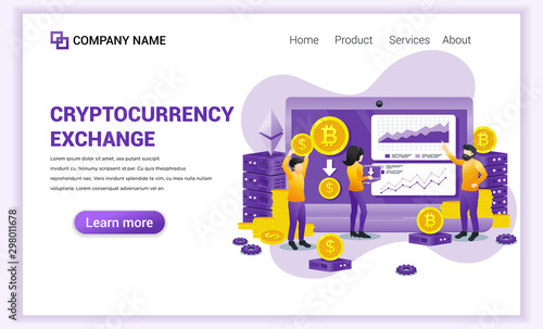 Cryptocurrency Exchange concept with people working on laptop for exchange of Bitcoin and digital currencies. Can used for Web banner, landing page, web template. Modern flat vector illustration
