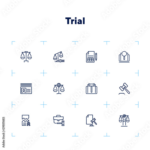 Trial line icon set. Scale, judge gavel, case. Justice concept. Can be used for topics like courthouse, court, law