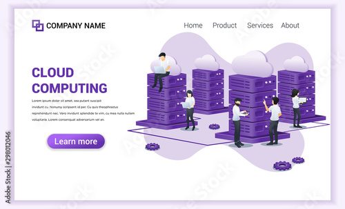 Cloud Computing concept. Digital storage, data center and digital network with people working on laptop and giant server. Can used for web banner, landing page. Modern flat vector illustration