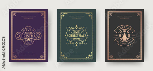 Christmas greeting cards vintage typographic design, ornate decorations symbols with fir tree, winter holidays wishes