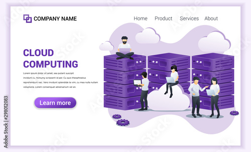 Cloud Computing concept. Digital storage, data center. People working on laptop and giant server. Can used for web banner, landing page, web template. Modern flat vector illustration