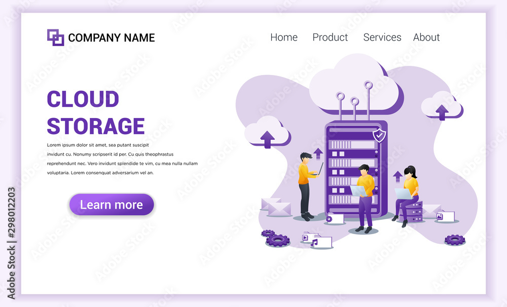 Modern Flat design concept of Cloud Computing, Cloud Storage, data center with characters on front Server. Can use for web banner, landing page, infographics, web template. Flat vector illustration