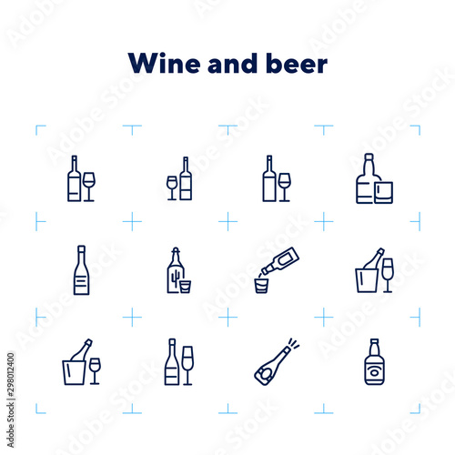Wine and beer line icon set. Set of line icons on white background. Alcohol concept. Bottle, glass, wine, beer. Vector illustration can be used for topics like bar, alcohol, restaurant