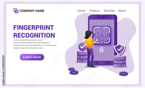 Fingerprint recognition technology concept. A woman trying to access her mobile phone with biometric access control, smartphone security system, scanning identification. Flat vector illustration