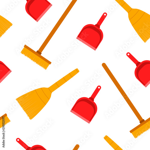Broom, mop, scoop. Set of household cleaning utensils, seamless pattern. Flat vector illustration isolated on white background.