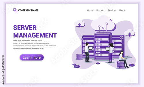 Modern flat design concept of Server management, data center, cloud storage with characters. Can use for web banner, landing page, infographics, web design template. Flat vector illustration