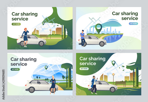 Drivers using car sharing service set. People standing at vehicles and using phones. Flat vector illustrations. Car sharing concept for banner, website design or landing web page