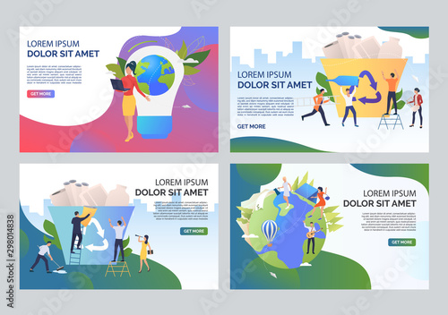 Ecology volunteers set. People sorting trash, working on eco project, planting trees. Flat vector illustrations. Environment concept for banner, website design or landing web page