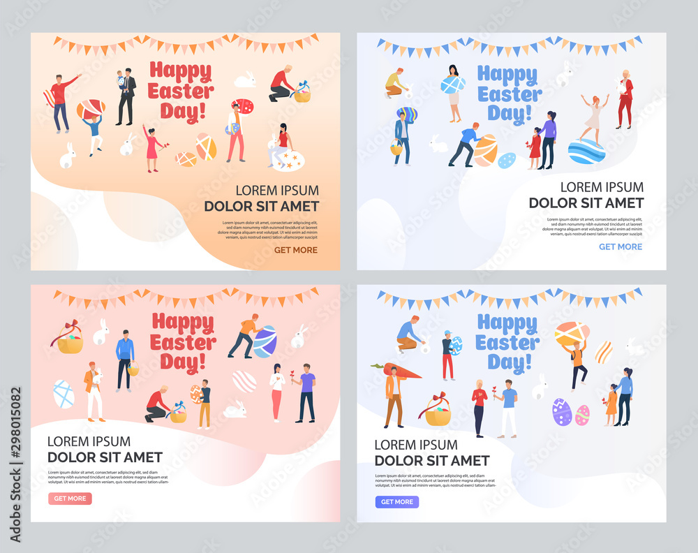 Happy Easter with text sample set. Families celebrating Easter, people holding and painting eggs. Flat vector illustrations. Holiday concept for banner, website design or landing web page - obrazy, fototapety, plakaty 