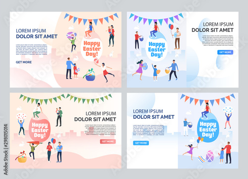 Happy Easter day set. Families celebrating Easter, tiny people sitting on painted eggs. Flat vector illustrations. Holiday concept for banner, website design or landing web page