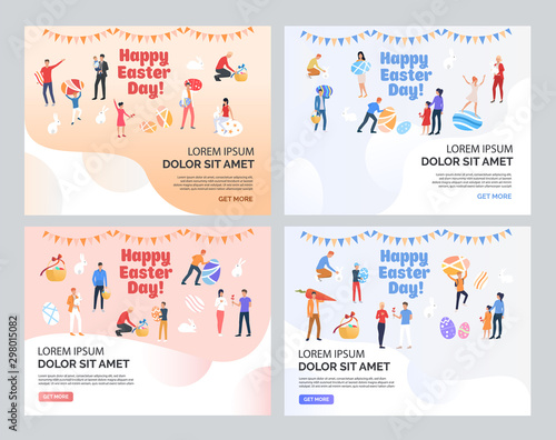 Happy Easter with text sample set. Families celebrating Easter, people holding and painting eggs. Flat vector illustrations. Holiday concept for banner, website design or landing web page
