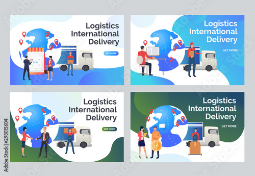 Order delivery set. Courier unloading van, business people talking. Flat vector illustrations. Logistics concept for banner, website design or landing web page