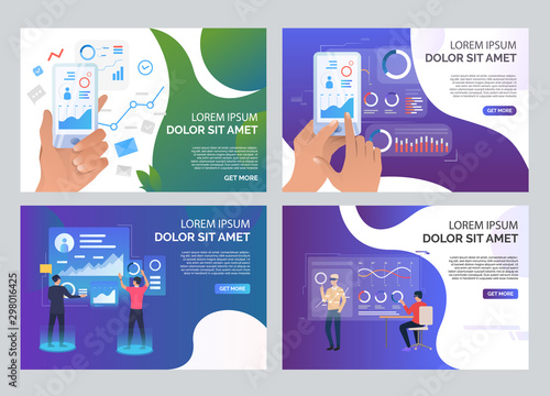 Users wearing VR glasses set. People watching virtual presentation, using smart phone. Flat vector illustrations. Virtual reality concept for banner, website design or landing web page