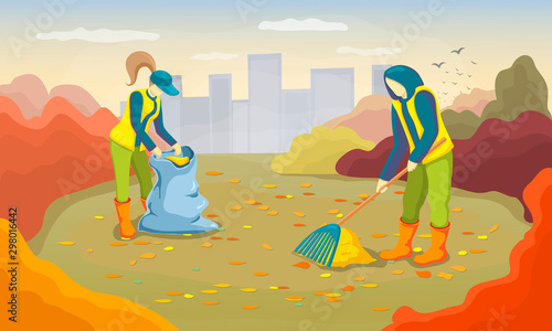 Young volunteers cleaning up autumn leaves in the city park. man and woman working and raking foliage at garden. Vector illustration of Autumn cleanup day. Seasonal cleaning service concept