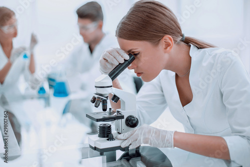 Fotografie, Obraz female scientist using a microscope in a chemical laboratory