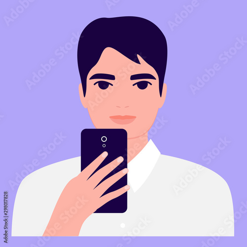 Beautiful asian young man with mobile phone, front view. Photographing, reading, chatting. Smartphone and internet addiction. Vector flat illustration