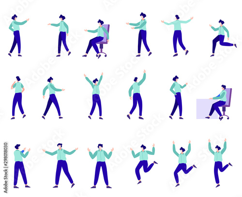 Set of young male businessman character in different poses. Flat illustration