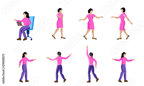Set of young female character in different poses. Flat illustration