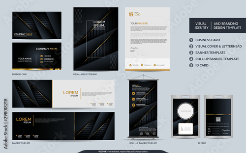 Luxury black gold stationery mock up set and visual brand identity with abstract overlap layers background