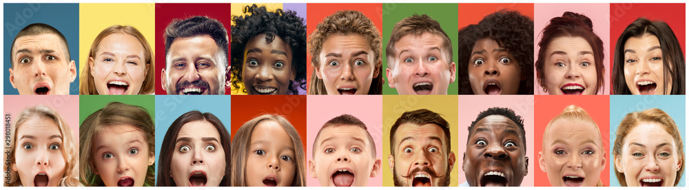 Close up portrait of young people. Human emotions, facial expression. People wondered, astonished, screaming and crazy in happiness. Creative bright collage made of different photos of 18 models. Close up portrait of young people. Human emotions, facial expression. People wondered, astonished, screaming and crazy in happiness. Creative bright collage made of different photos of 18 models.