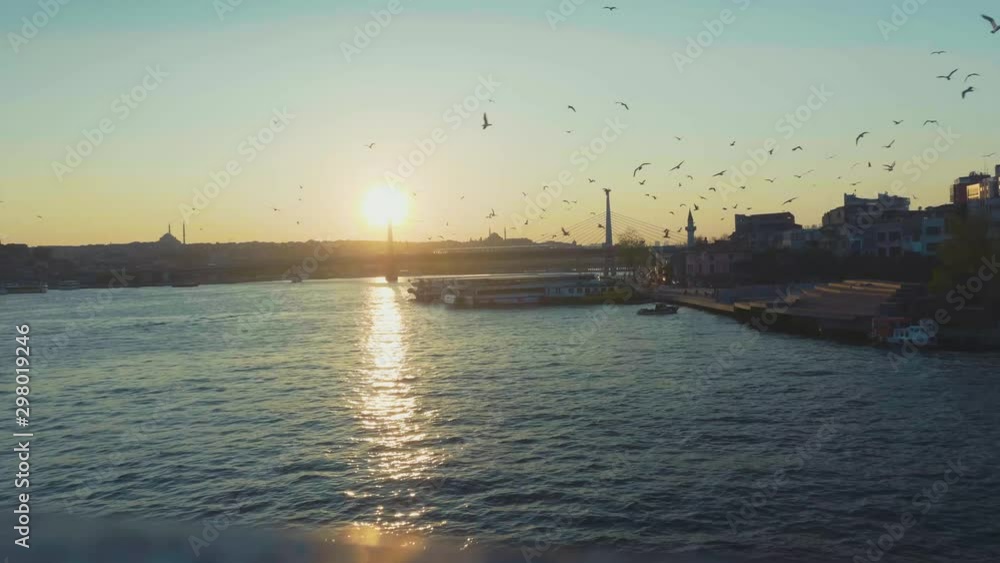 The Channel Of The Bosphorus. Sunset. Seagulls fly. The ripples of the water. The city of Istanbul in the background The Channel Of The Bosphorus. Sunset. Seagulls fly. The ripples of the water. The city of Istanbul in the background