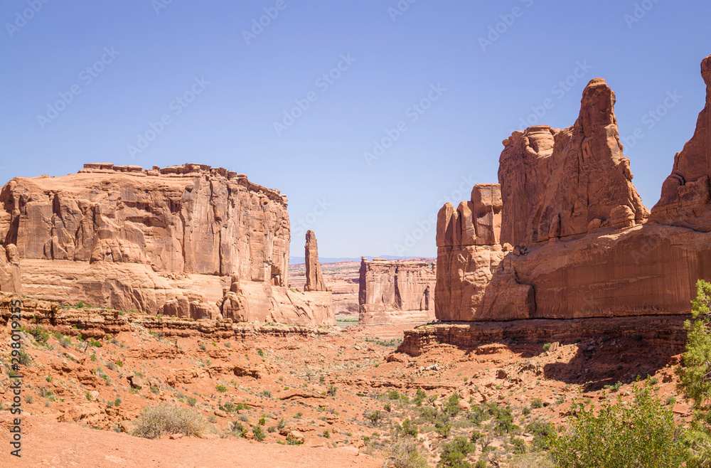 Hot stone desert of Utah, USA. Valley in Arches National Park	