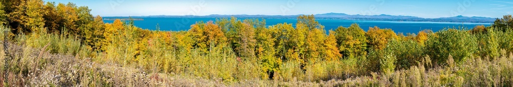 Panoramic view of Lake Champlain with Vermont state in background in late fall
