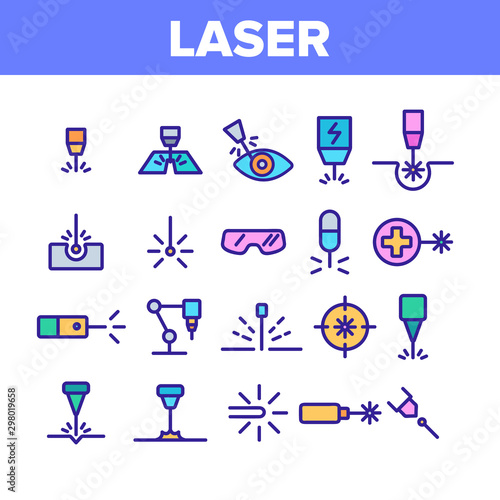 Laser Beam Collection Elements Icons Set Vector Thin Line. Optical Equipment And Technology Laser, Eye Protective Glasses And Target Concept Linear Pictograms. Color Contour Illustrations