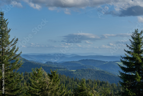 View to the mountains the black forest between two trees