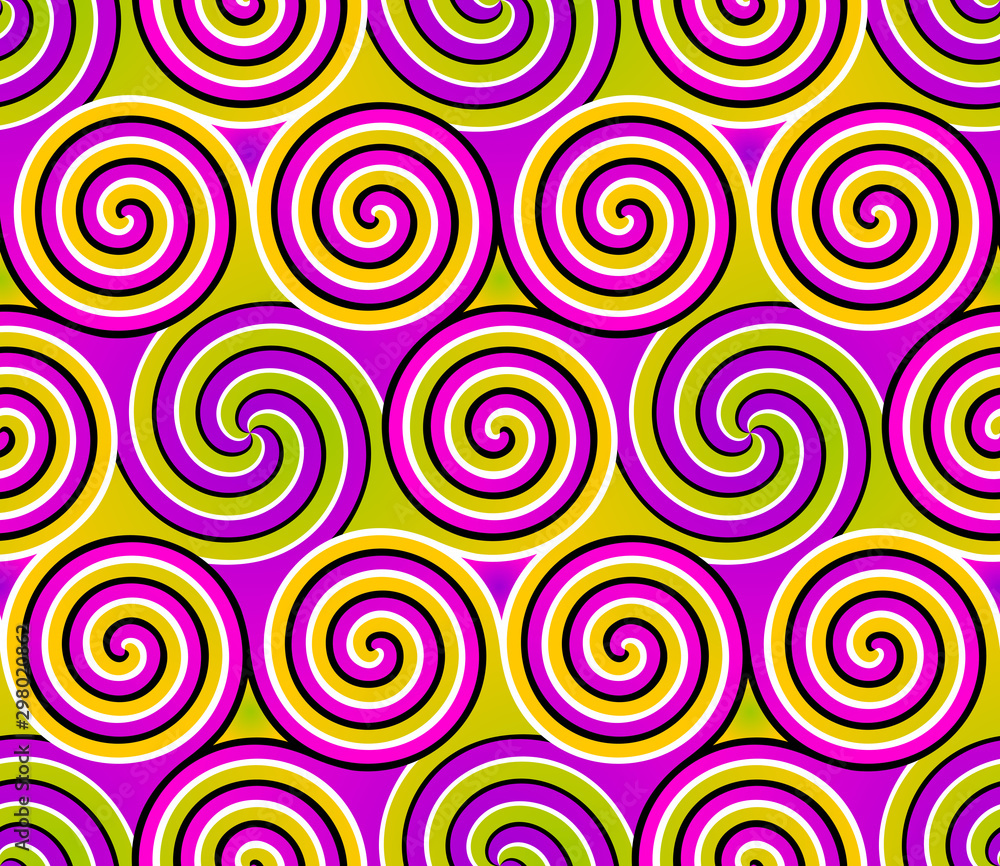 Colorful background with spirals. Wrapping paper. Motion illusion. Seamless pattern.