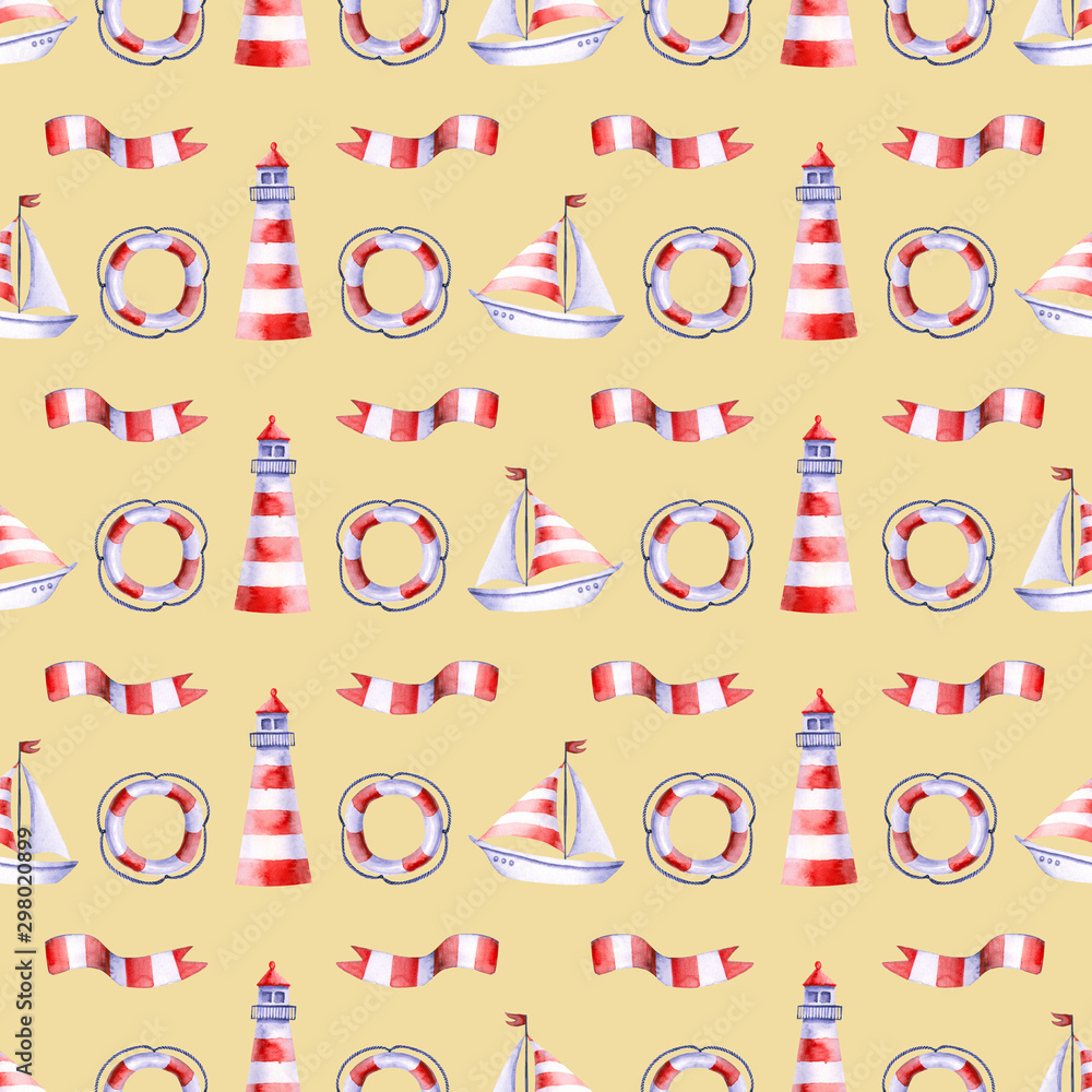 Seamless pattern with watercolor flag, lighthouse, lifebuoy, boat. Hand drawn illustration isolated on beige. Sea template is perfect for marine design, children's wallpaper, fabric textile