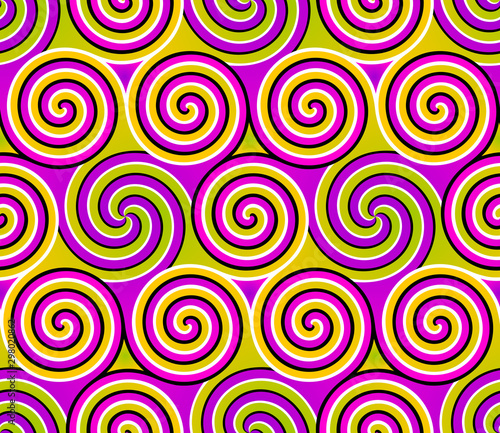 Colorful background with spirals. Wrapping paper. Motion illusion. Seamless pattern.