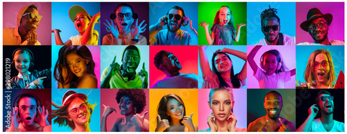 Close up portrait of young people in neon light. Human emotions, facial expression. People, astonished, screaming and crazy in happiness. Creative bright collage made of different photos of 15 models.
