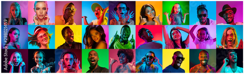 Close up portrait of young people in neon light. Human emotions, facial expression. People, astonished, screaming and crazy in happiness. Creative bright collage made of different photos of 17 models.